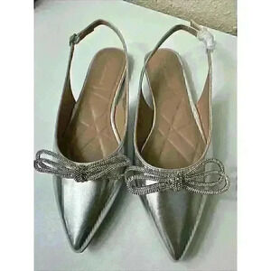 BCBG Kristin Silver Sling Back Flat Metallic Crystal Bow sz 7.5 Party Disco